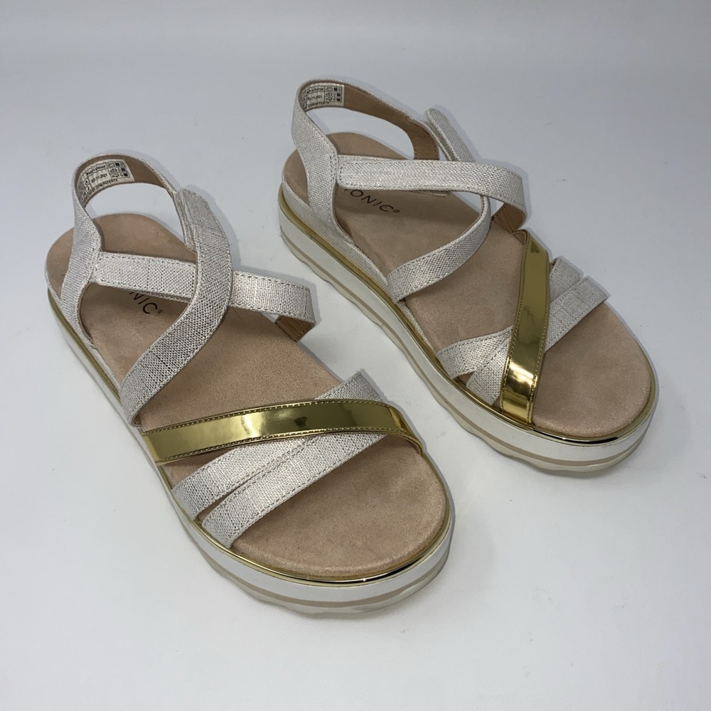 Vionic Kellyn Platform Sandals Womens Size 7 Beige Gold Adjustable Strappy EU 38